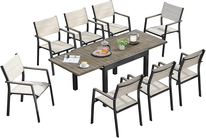 Patio Dining Set for 8, Aluminum Extendable Outdoor Dining Table Set with Expandable Dining Table and Double-Layer Textilene Dining Chairs, Patio Furniture Set for Porch, Deck, Limed Oak
