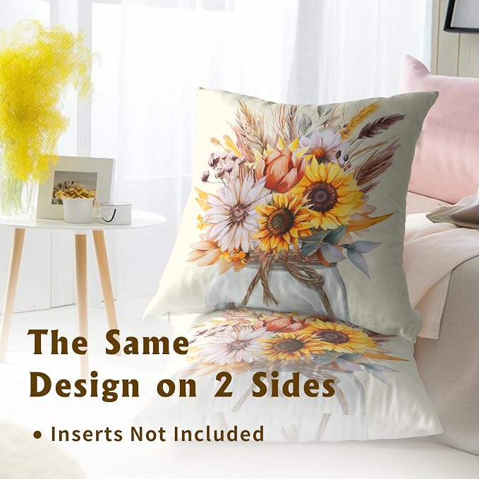 Sunflower Throw Pillow Covers 20x20 Inch Set of 2 Farmhouse Autumn Harvest Wheat Flower Mason Jar Decorative Pillow Cushion Cases for Sofa Couch Living Room Fall Seasonal Decor