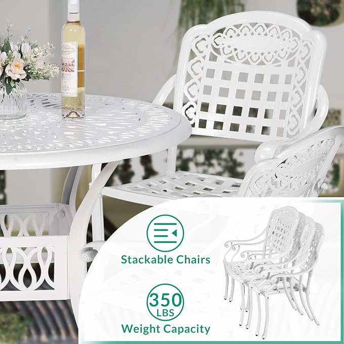 VIVIJASON 5-Piece Outdoor Patio Furniture Dining Set, All-Weather Cast Aluminum Conversation Set, Include 4 Chairs and 38.5" Round Table w/Umbrella Hole for Balcony, Lawn, Garden, Backyard, White