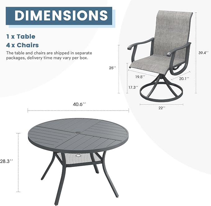 DIFY 5 Pieces Outdoor Patio Dining Set, 4 Grey Textilene Swivel Dining Chairs and 40.6" Grey Round Metal Dining Table, Outdoor Table and Chairs