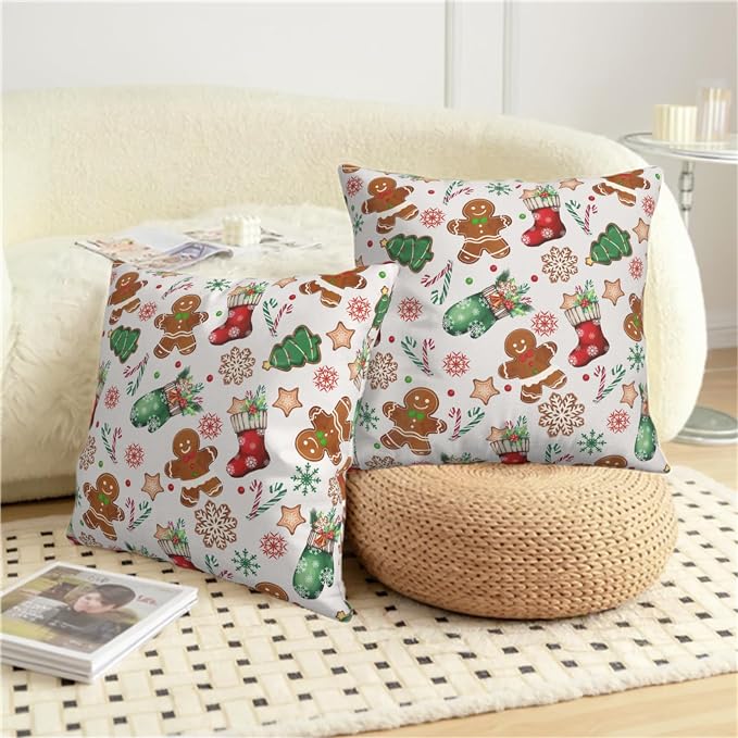Christmas Pillow Covers 24x24 Set of 2 Gingerbread Man Throw Pillow Covers Xmas Tree Socks Gloves Snowflakes Pillow Case for Holiday Decor Couch Sofa