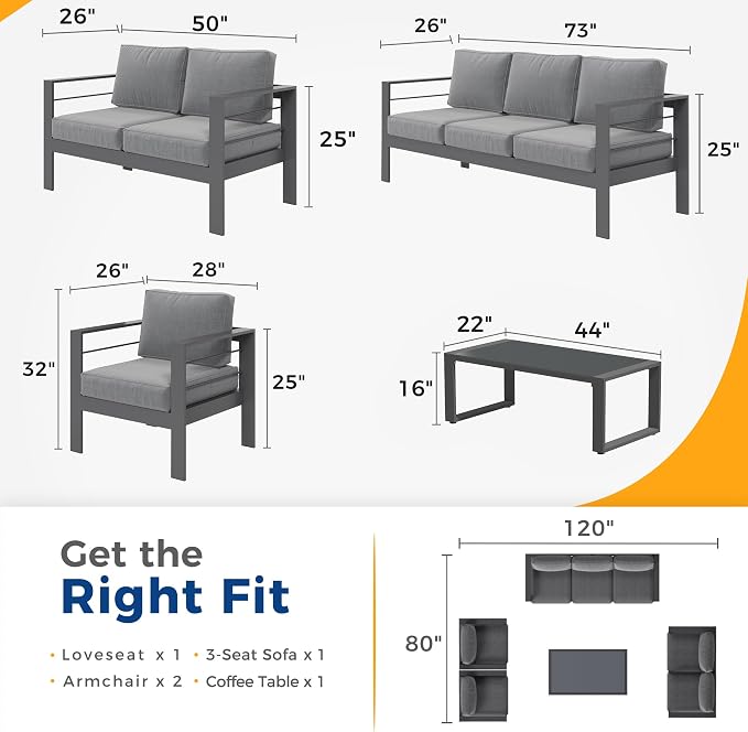 Solaste Aluminum Patio Furniture Set,5 Pieces Modern Outdoor Conversation Set Sectional Sofa with Upgrade Cushion and Tempered Glass Table top Coffee Table,Grey