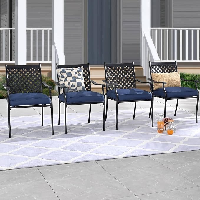 Patio Dining Set 5Pcs Outdoor Metal Furniture Dining Sets Wood Grain Suqare Table Chairs Set with Blue Cushion Galvanized Steel Frame