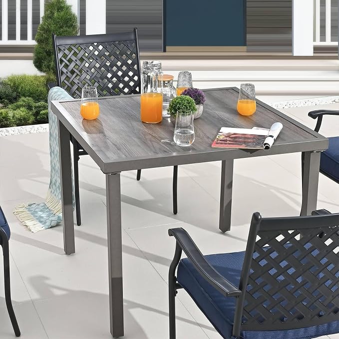 Patio Dining Set 5Pcs Outdoor Metal Furniture Dining Sets Wood Grain Suqare Table Chairs Set with Blue Cushion Galvanized Steel Frame