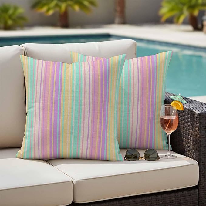 Pink Aqua Stripe Outdoor Pillow Covers 24x24 Inch Throw Pillow Covers Set of 2 Waterproof Decorative Pillow Cases Yellow Geometric Country Geometric Cushion Covers for Patio Furniture Garden Couch