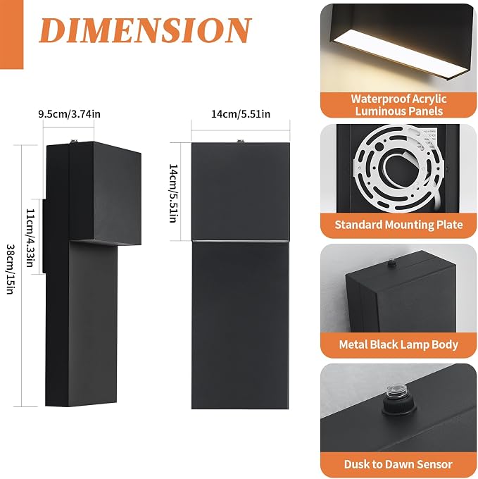 15'' Modern LED Outdoor Wall Sconce, Black Dusk to Dawn Wall Lights | Auto ON-OFF, Waterproof Exterior House Lights, Hardwired Front Porch Light Fixtures, Metal, 3000K, 2 Pack, Easy to Install