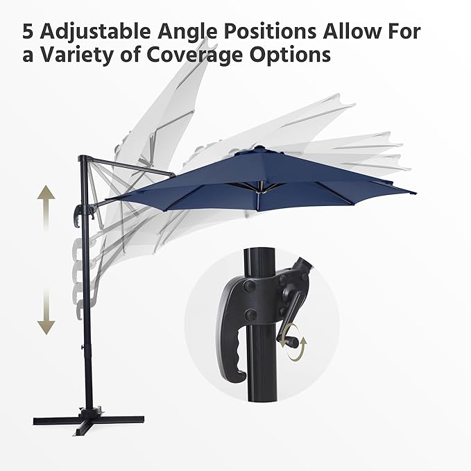 LAUSAINT HOME Patio Umbrella Outdoor, 10 FT Cantilever Umbrella Aluminum Offset Umbrella with 360-degree Rotation for Backyard, Pool, Lawn, Deck (Round, Navy Blue)