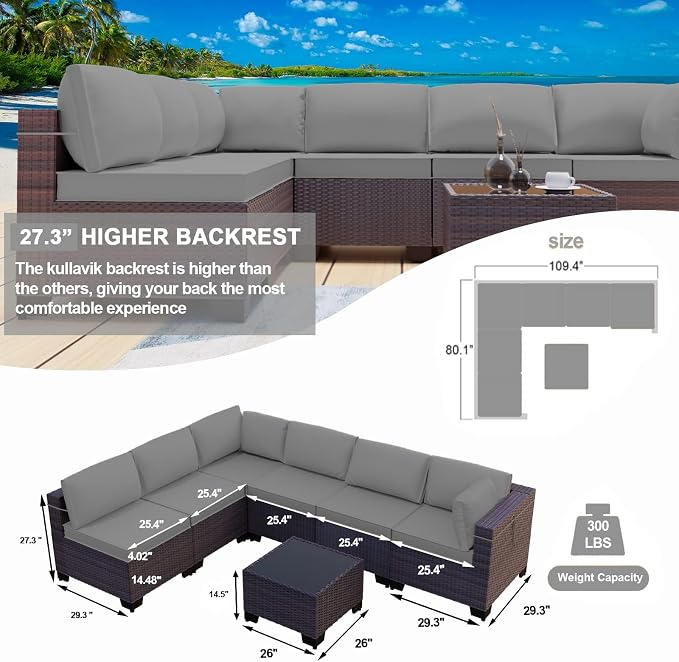 Kullavik 7 Pieces Outdoor Patio Furniture Set,Wicker Outdoor Sectional Sofa,All-Weather Patio Conversation Sets with Washable Thick Cushions & Coffee Table for Garden,Backyard,Balcony,Porch,Grey