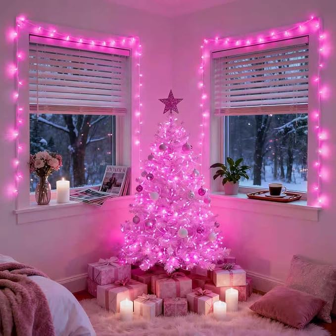 JMEXSUSS 600 LED Pink Christmas String Lights Indoor Outdoor Plug in | 168ft Pink Fairy Lights for Bedroom Romantic Tree Patio Wedding Party Christmas Room Decor, Remote Timer Clear Wire