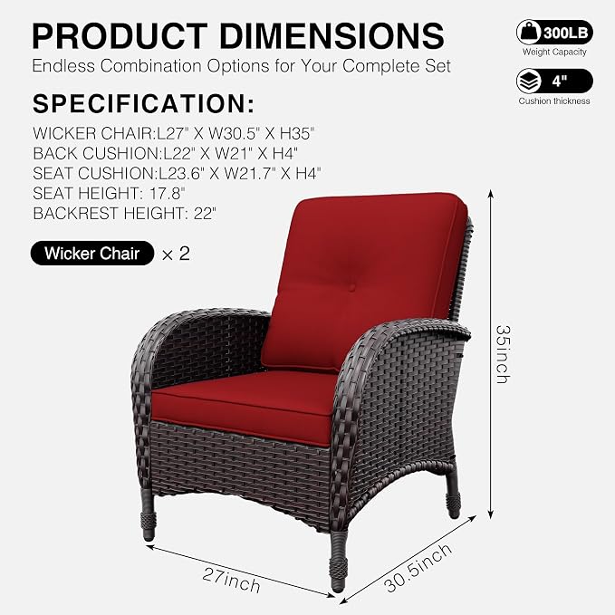 Joyside Wicker Patio Chairs Set of 2, Rattan Outdoor Furniture with Thickened Cushions, High Back, Deep Seating, Wide Armrest, Outdoor Chairs for Porch, Deck