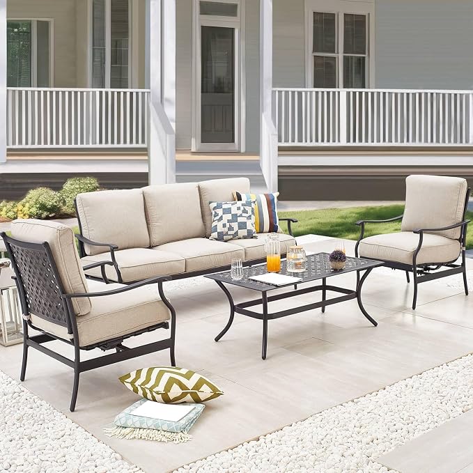 Patio Conversation Set 4Pcs Cushioned Outdoor Furniture Sets with All Weather Galvanized Steel Frame (Beige)