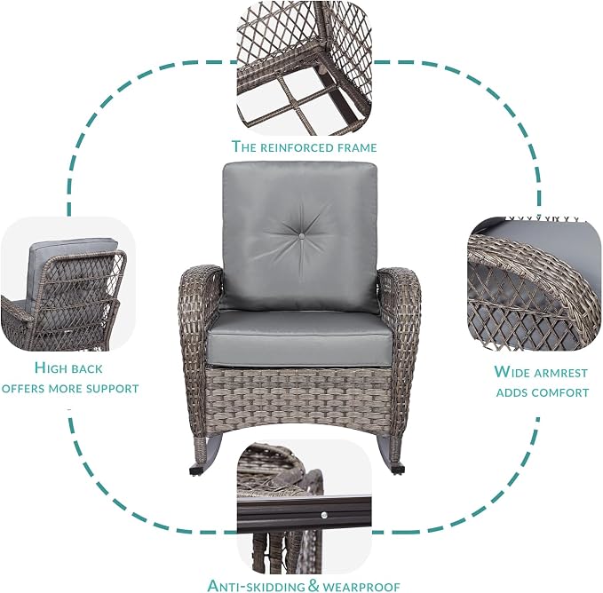 MEETWARM 5-Piece Outdoor Patio Set - Conversation Set with Glider Loveseat, 2 Armchairs & Glass-Top Coffee Table, Thickened Cushions, Gray
