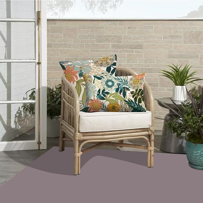 Floral Outdoor Pillow Covers Waterproof Boho Flowers Leaves Decorative Patio Pillows Cushion Covers Set of 4 for Porch Bench Furniture Decor