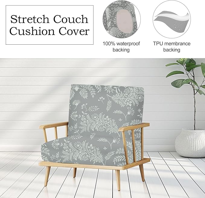 CALBODE Ourdoor Cushion Covers Waterproof Set of 8 Floral Printed Stretch Patio Chair Cushino Covers for Patio Furniture Replacement,Washable Couch Covers for Furniture(Grey)