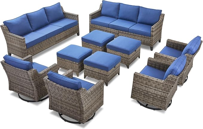 10 Piece Patio Furniture Set-High Back Outdoor Furniture Set Sectional Sofa with Wicker Swivel Patio Chairs,Comfy Cushions Ottomans for Porch Balcony Patio Deck Grey/Blue
