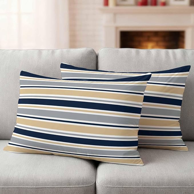 Khaki Grey Striped Outdoor Pillow Cover 12x20 Inch Cushion Sham Case, Navy Blue Farmhouse Stripes Abstract Art Waterproof Decorative Square Throw Pillowcase for Outside Garden Patio Porch Couch Chair