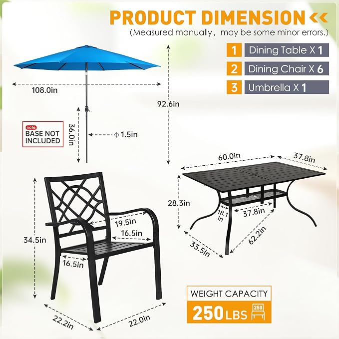 Incbruce 7 Pcs Outdoor Dining Set Wrought Iron Patio Dining Set with Sky Blue Umbrella, Dining Furniture Set (6 Dining Chair and 1 Rectangular Table with 1.57" Umbrella Hole) -Metal Tabletop