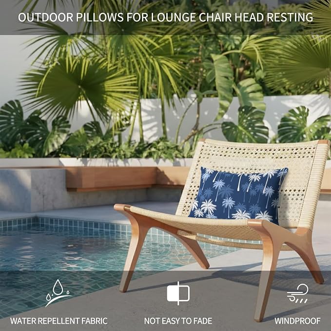 Tropical Palm Tree Outdoor Pillows for Chaise Lounge Chair Waterproof Lumbar Pillows with Insert&Adjustable Elastic Strap Beach Headrest Pillow Navy Blue White Plants Coastal Leaf Pool Pillow 12"x20"