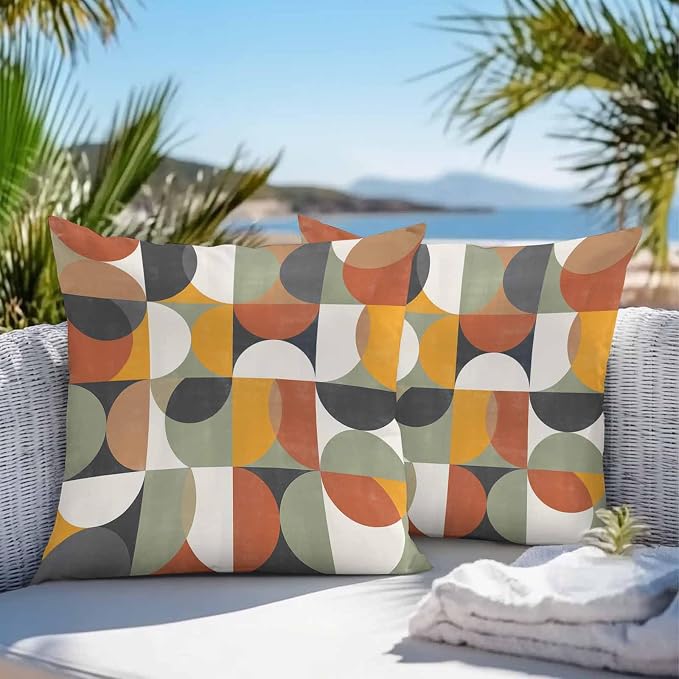 Vandarllin Outdoor Throw Pillows Covers 16x16 inch Set of 2 Waterproof Mid Century Geometric Decorative Zippered Cushion Covers for Patio Furniture, Abstract Modern Retro Lumbar Pillowcases
