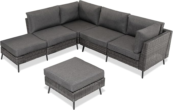 LAUSAINT HOME Outdoor Patio Furniture, 6 Piece Outdoor Sectional Sofa PE Rattan Wicker Patio Conversation Sets,All Weather Patio Furniture Set with Thick Cushions for Garden, Poolside, Backyard (Grey)