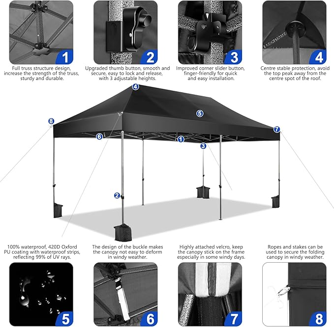 COBIZI 10x20 Pop up Canopy Tent Heavy Duty with 6 Sidewalls, Easy Set-up Commercial Outdoor Party Tents, 100% Waterproof Wedding Gazebo, 3 Height Adjustable with Wheeled Bag, Jet Black