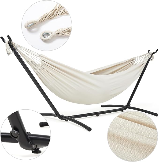 Mondeer Double Hammock with Portable Outdoor Stand 2 Person Hammock for Camping Beach Travel 200kg Load Capacity Beige