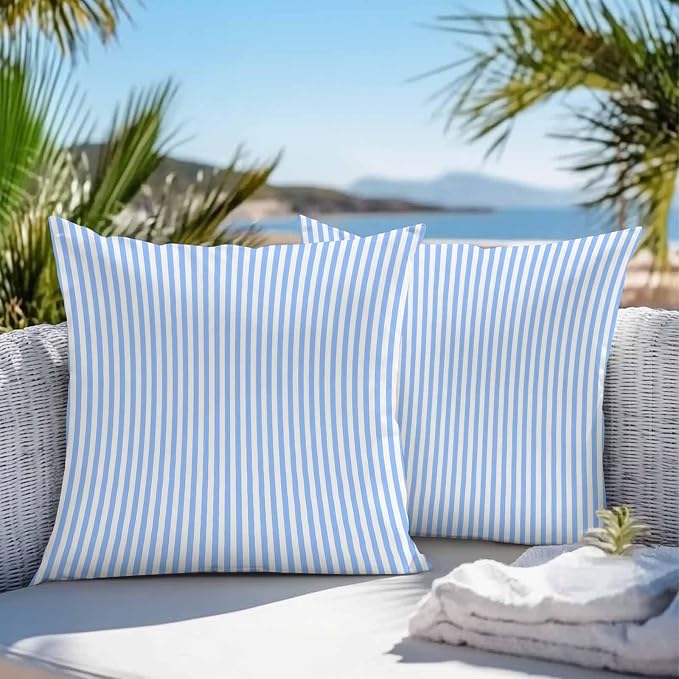 Throw Pillow Covers 16x16 Inch Set of 2, Blue White Stripe Waterproof Outdoor Cushion Covers, Modern Minimalist Geometric Striped Decorative Pillowcases for Couch, Sofa, Bed, Garden, Patio