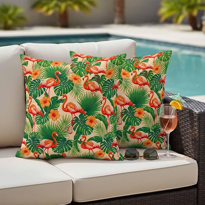 Red Flamingos Outdoor Pillow Covers 26"x26" Set of 2, Jungle Plants Hibiscus Flower Green Leaf Botanical Waterproof Throw Pillow Covers for Patio Furniture, Decorative Cushion Covers for Porch
