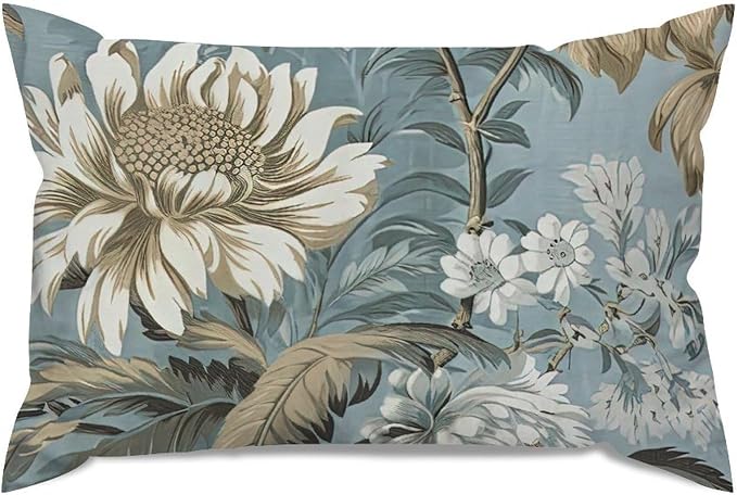 Spa On Flax Blue Chinoiserie Rectangle Lumbar Pillow Case Grey Peony Asian Throw Pillow Cover Rustic Outdoor Garden Decoration for for Car Sofa Bedroom Home Chair 16x24in