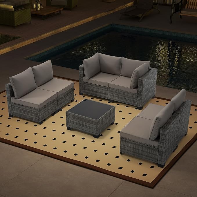 Bonzy Home 7 Pieces Outdoor Patio Furniture Set, PE Rattan Outdoor Sectional Furniture Sofa Set with Removable Cover and Glass Coffee Table, Patio Sofa for Balcony, Porch, Garden, (Grey-Grey)