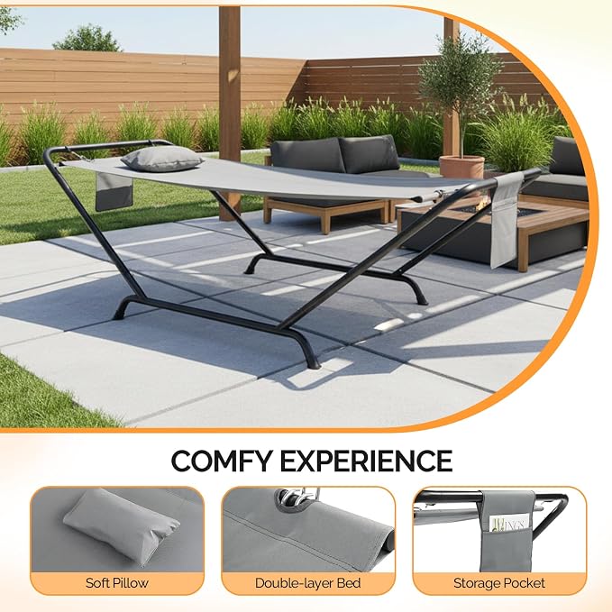 ONCLOUD Iron Hammock with Stand, Hammock Stand with Double-Layer Oxford Cloth Hammock, Portable Heavy-Duty Hammock for Outdoors, Garden, Patio, Yard, 550lbs (Gray)