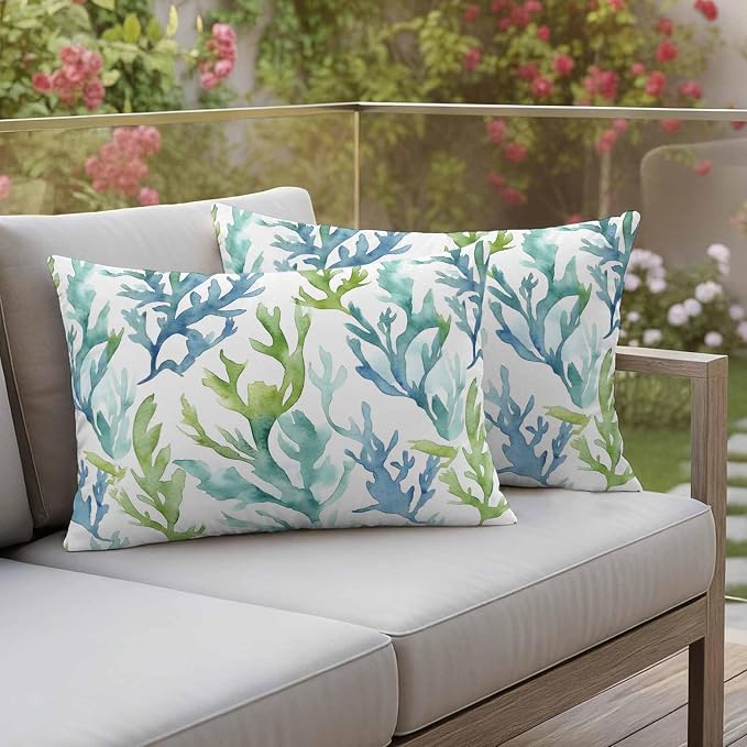 JasmineM Outdoor Pillow Cover 12x20 Inches Set of 2 Blue Teal Coral Waterproof Throw Pillow Covers Watercolor Green Decorative Pillowcases Garden Cushion Case for Patio Couch Sofa