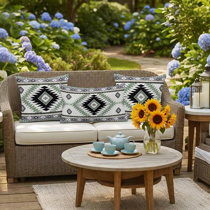 Green Gray Boho Waterproof Outdoor Pillow Covers Set of 2 Home Decor Southwestern Ethnic Abstract Geometric Pillowcase Patio Pillow Covers for Couch Bench Furniture Garden 24x24in
