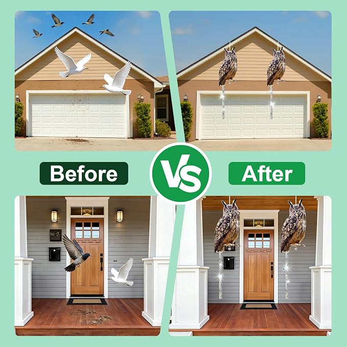 Owls to Keep Birds Away: 2Pack Fake Owl with Reflective Tape for Vineyard Garden Patio Pool, Reflective Hanging Decoration to Keep Birds Pigeon from Windows Tree Orchard