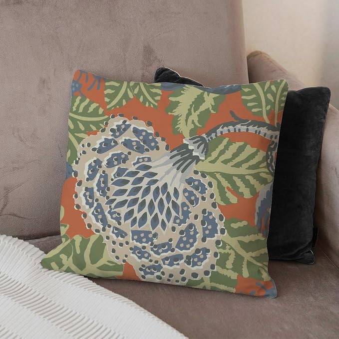 Pillow Cover Navy Blue Floral White Pillow Covers Modern Green and Orange Chinoiserie Pillow Cover Accent Farmhouse Decor Pillow for Patio Furniture Porch 16x16 in