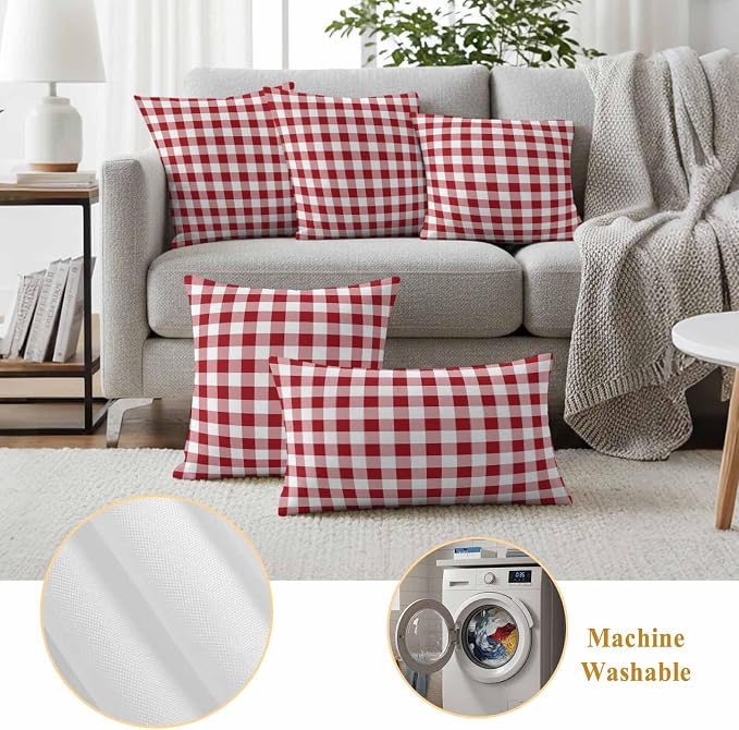 Outdoor Throw Pillow Covers,Red Pink and White Plaid Waterproof Decorative Pillowcases Cushion Cover Pastoral Farm Style Pillow Cases for Patio Couch Sofa Bed,16x16in Set of 2