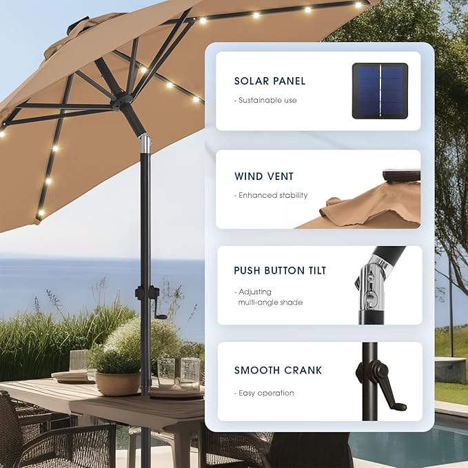 wikiwiki 9FT Solar Led Patio Umbrella, Sturdy Outdoor Market Umbrella for Deck, Pool, Garden w/Tilt, Crank, 32 LED Lights, Tan