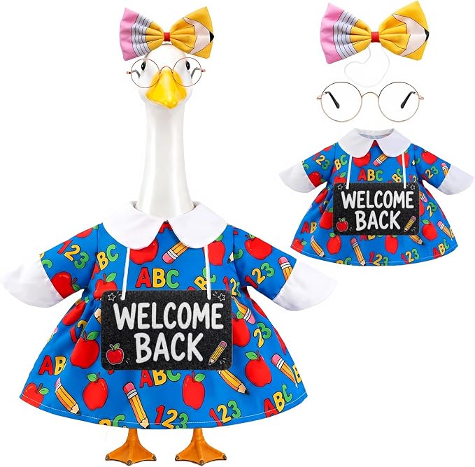 Porch Goose Back to School Outfit for 23 Inch Goose Statue, Teacher Style Classroom Goose Clothes with Pencil Bow, Round Glasses and Welcome Back Sign, Classroom Door Decor for Teachers
