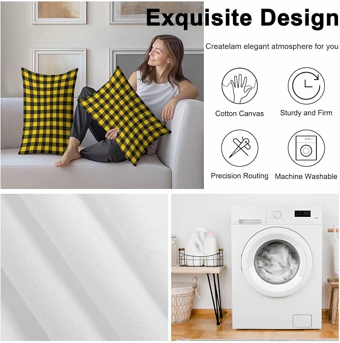 Outdoor Waterproof Throw Pillow Covers Set of 2 Yellow Buffalo Plaid Lumbar Pillowcases 20x12 Inches Pastoral Black Checked Decorative Pillows Cushion Case Patio Pillows for Couch Bed Chair Garden