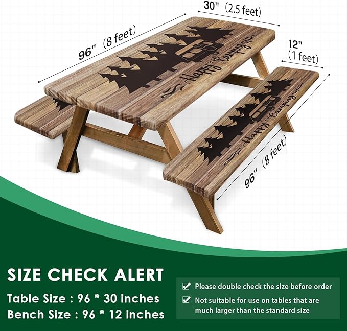 Picnic Table Cover with Bench Covers Elastic Edges, Wooden Camper Fitted Table Cover, Outdoor Patio Camping Essentials 96 Inch 3PCS, Waterproof Camping Fitted Tablecloth with Drawstring Bag