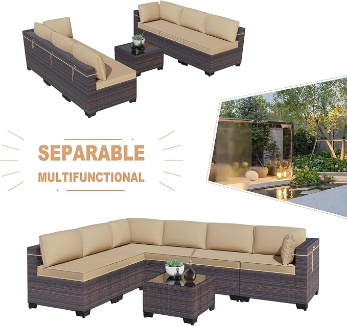 Kullavik 12PCS Outdoor Patio Furniture Set,PE Wicker Rattan Sectional Sofa Patio Conversation Sets with Tempered Glass Table,Swivel Rocking Chairs Set,Sand