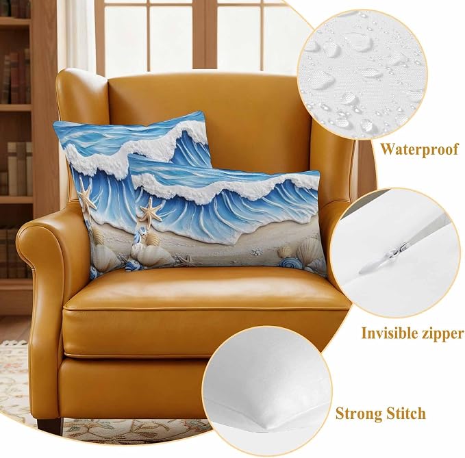 Coastal Beach Waterproof Outdoor Pillow Covers Set of 2 Home Decor, Blue Ocean Starfish Shell Seashore Sand Pillowcase Patio Pillow Covers for Couch Bench Furniture Garden 24x24in