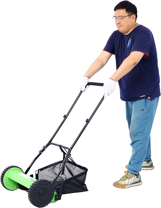 14'' Push Type Lawn Mower 5-Blade Manual Mechanical Lawn Mower Adjustable Height with Hay Bag Eco-Friendly and Quiet Home Gardening Tool Scissor-Style Cutting Method Green