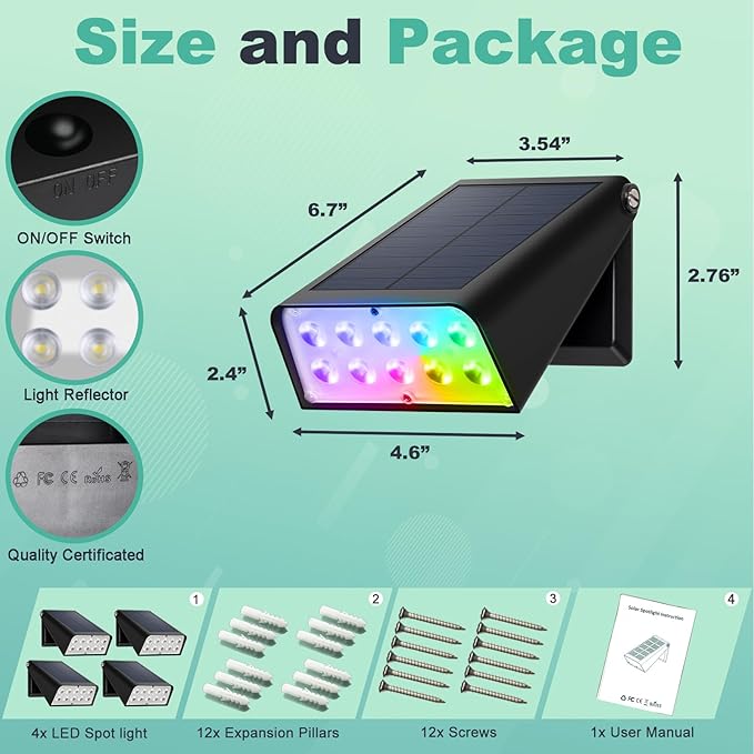 Solar Outdoor Lights for Father's Day Mother's Day 4th of July Decor, RGBW Color Changing Dusk to Dawn Solar Fence Patio Lights, 90° Adjust LED Garden Lights for Backyard Decor, 8-Pack