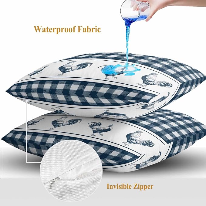 Outdoor Waterproof Throw Pillow Covers Set of 2 Chicken Cock Rooster Pillowcases 24x24 Inches Farmhouse Animal Blue Plaid Decorative Pillows Cushion Case Patio Pillows for Couch Bed Chair Garden