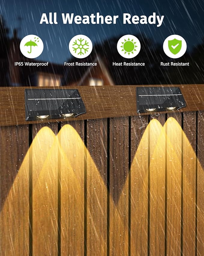 Solar Fence Lights Outdoor with Remote Control, RGB Color Changing & Warm/Cool White LED Deck Lights, High Brightness Dusk to Dawn Spot Lens for Deck and Step Stair Railing Patio Wall, IP65 Waterproof