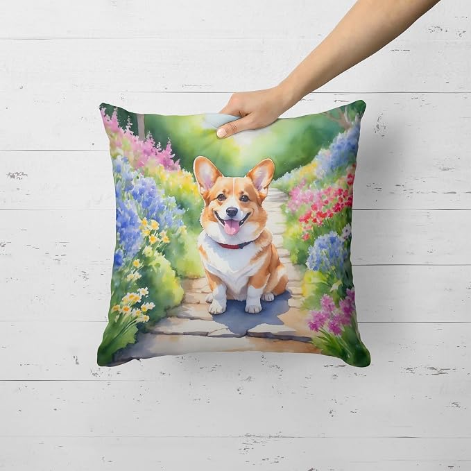 Caroline's Treasures Corgi Spring Path Throw Pillow Machine Washable, Indoor Outdoor Decorative Pillow for Couch, Bed or Patio, 18Hx18W
