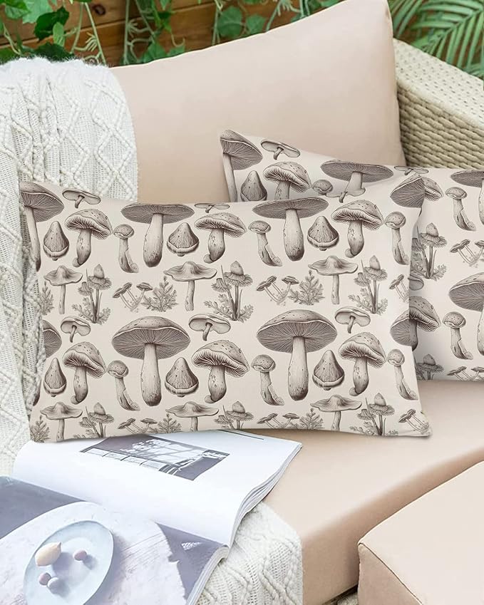 Outdoor Waterproof Throw Pillows Retro Mushroom Vintage Botanical Patio Pillows Pack of 1,Decorative Pillow Covers with Insert,Pillow Cushion Case for Garden Couch Sofa Aesthetic Plant Leaves