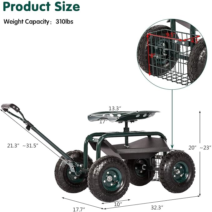 kinbor Rolling Garden Scooter Garden Cart with Tray, 360 Swivel Seat, Green