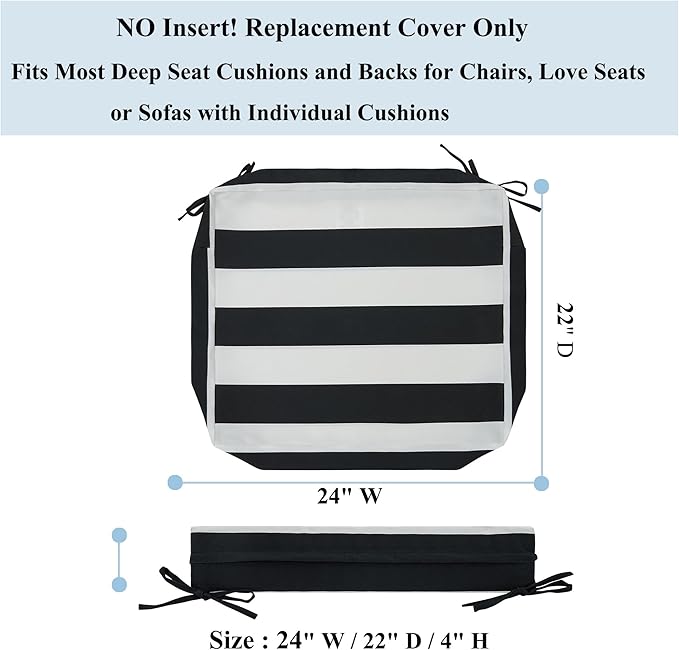 FUNHOME 2 Pack Outdoor Cushion Covers 24" x 22" x 4", No Insert! Water-Resistant Patio Chair Seat Cushion Covers with Zipper and Tie, Replacement Cover Only(Black White Stripe)